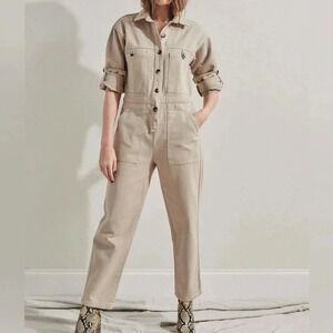 Rita Row Halla Jumpsuit Beige Denim Button Up One Piece Cuffed Sleeve Raw Edge S